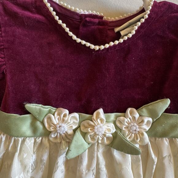 Vintage b.t. kids Baby Girls 24M Maroon Velvet Holiday Dress Ivory Damask Lace - Picture 5 of 16